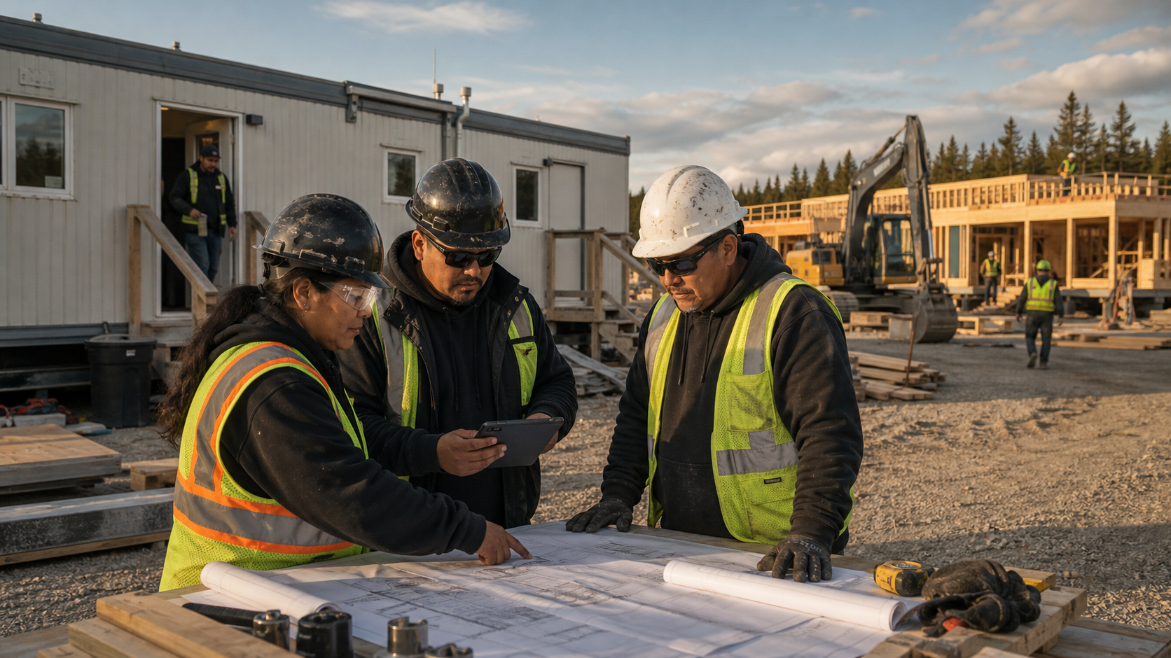 Indigenous construction team reviewing modular home plans on a housing site