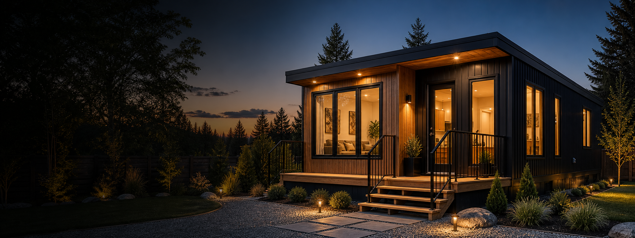 Modern black and cedar modular homes in a forest-edge community setting
