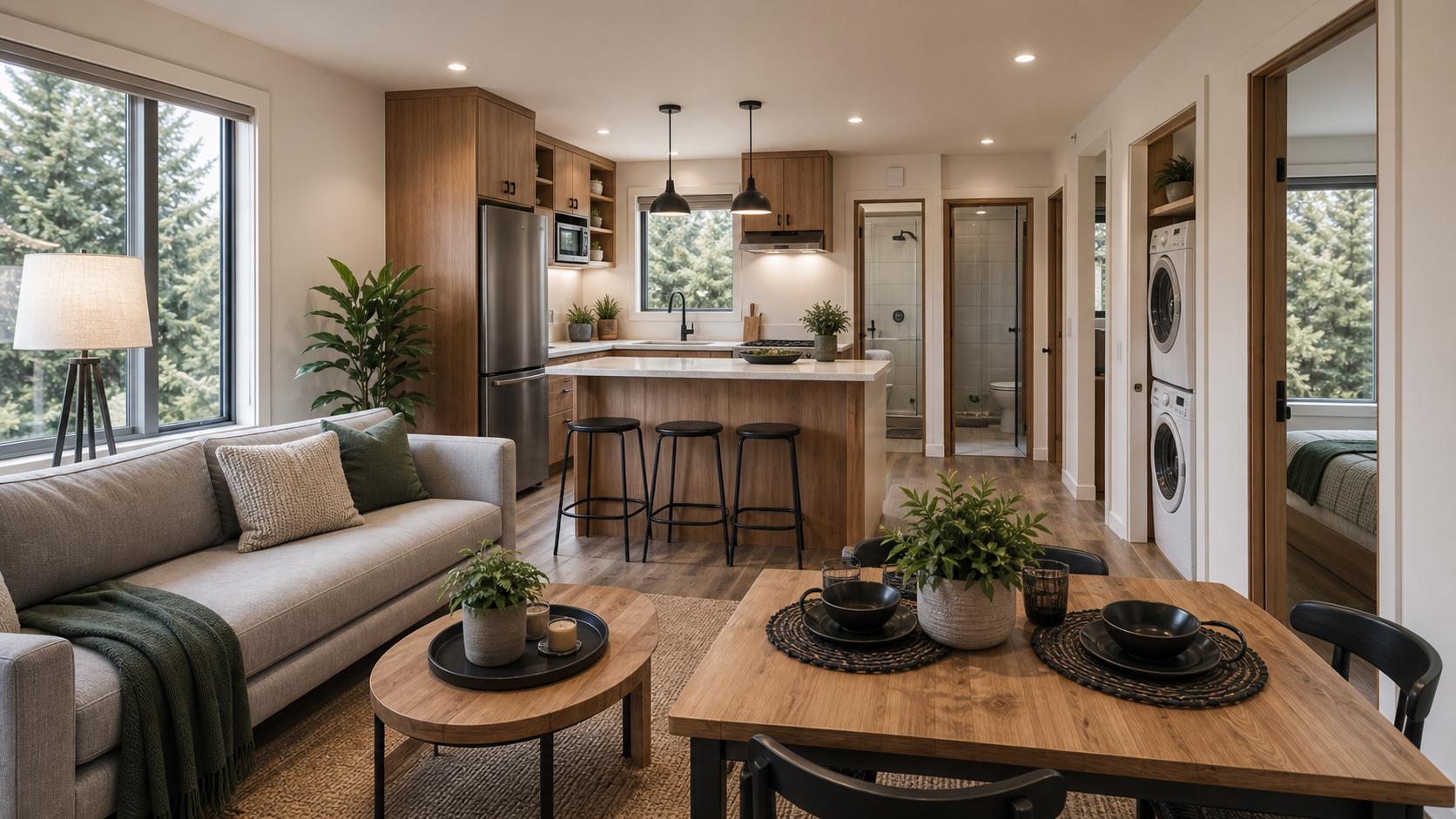 Finished modular home kitchen living bedroom and laundry interior